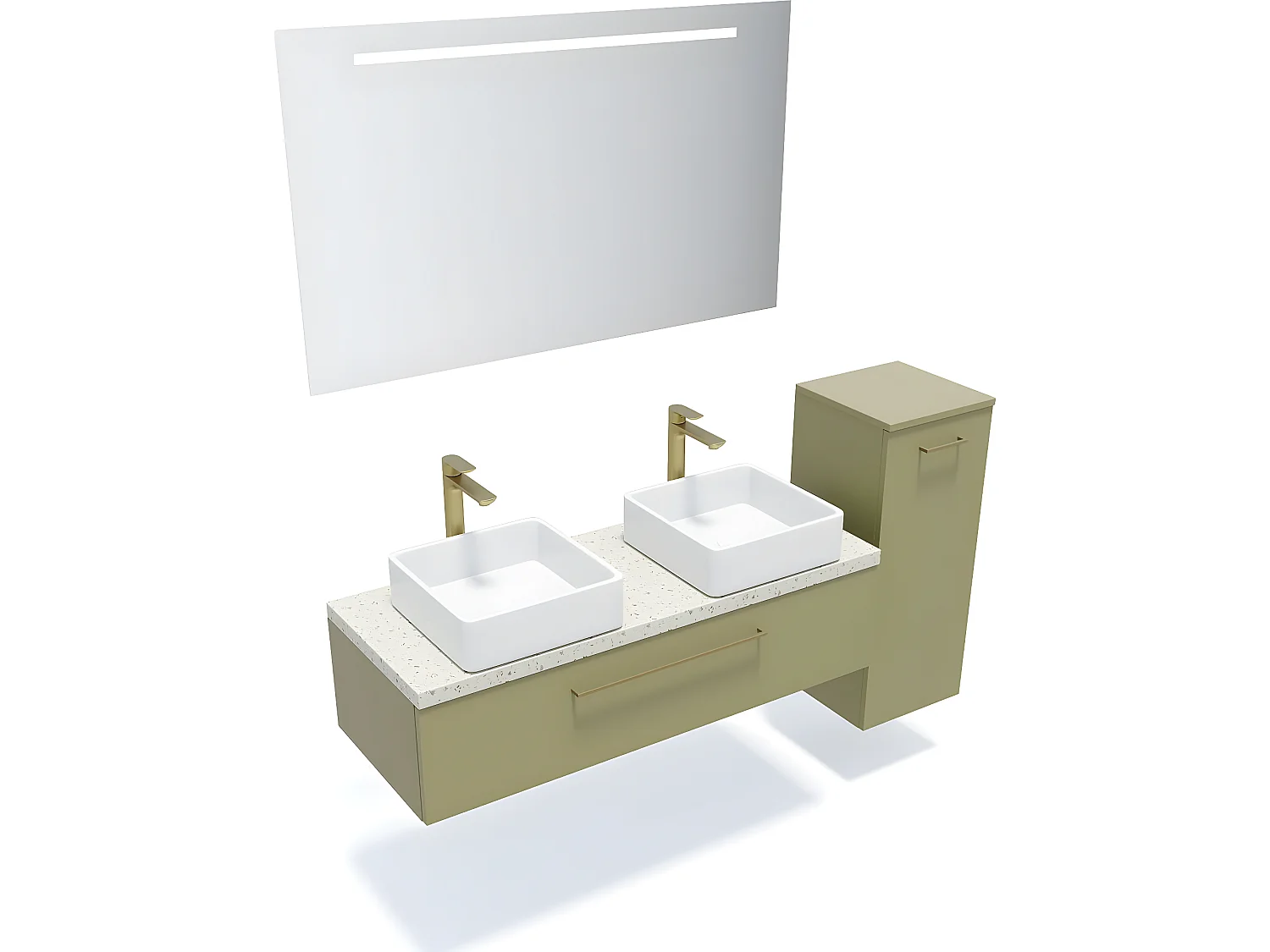 Meuble de salle de bain suspendu 2 vasques à poser 120cm 1 tiroir Vert olive + miroir + colonne ouverture droite - Glasgow