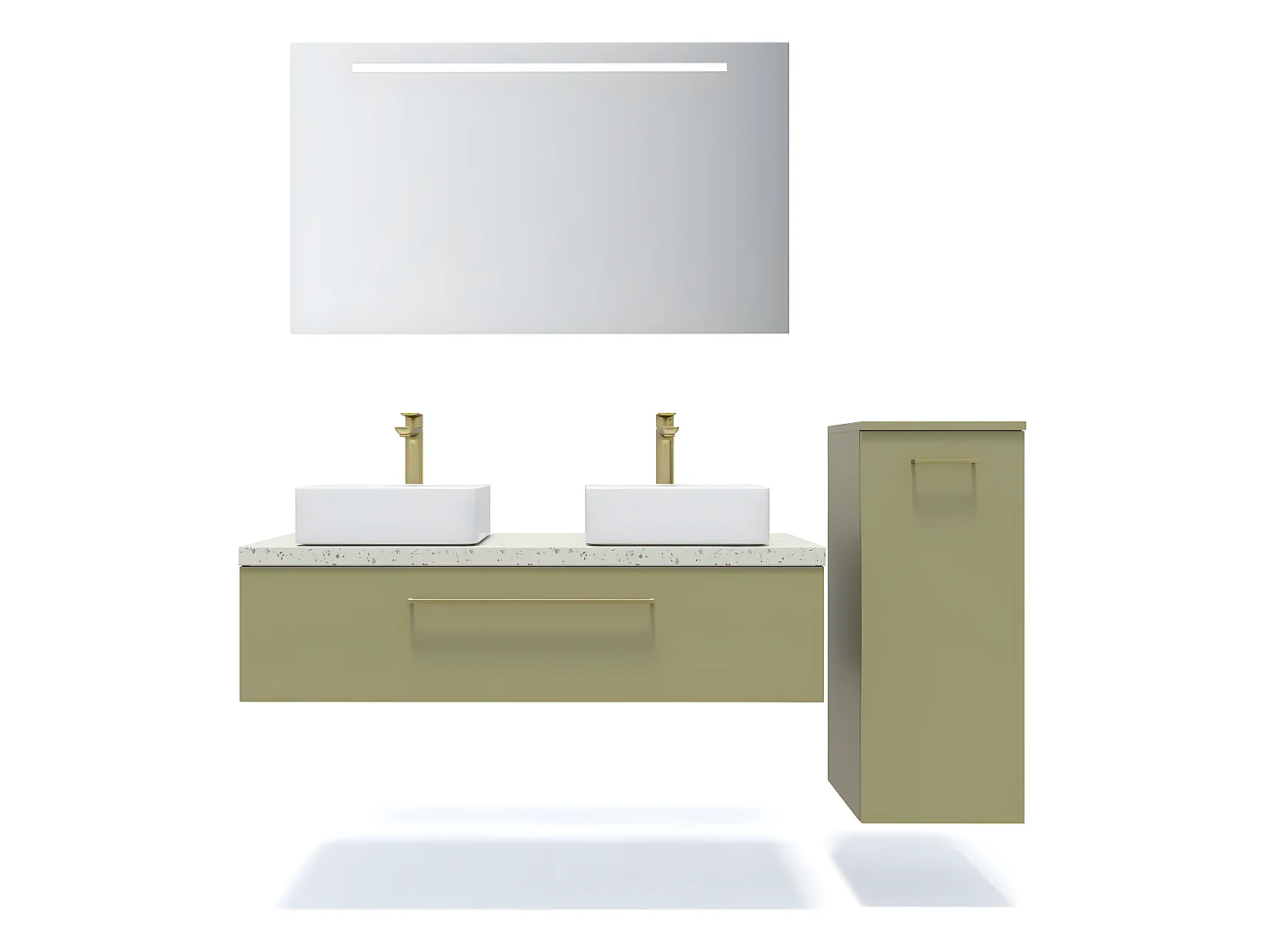 Meuble de salle de bain suspendu 2 vasques à poser 120cm 1 tiroir Vert olive + miroir + colonne ouverture droite - Glasgow