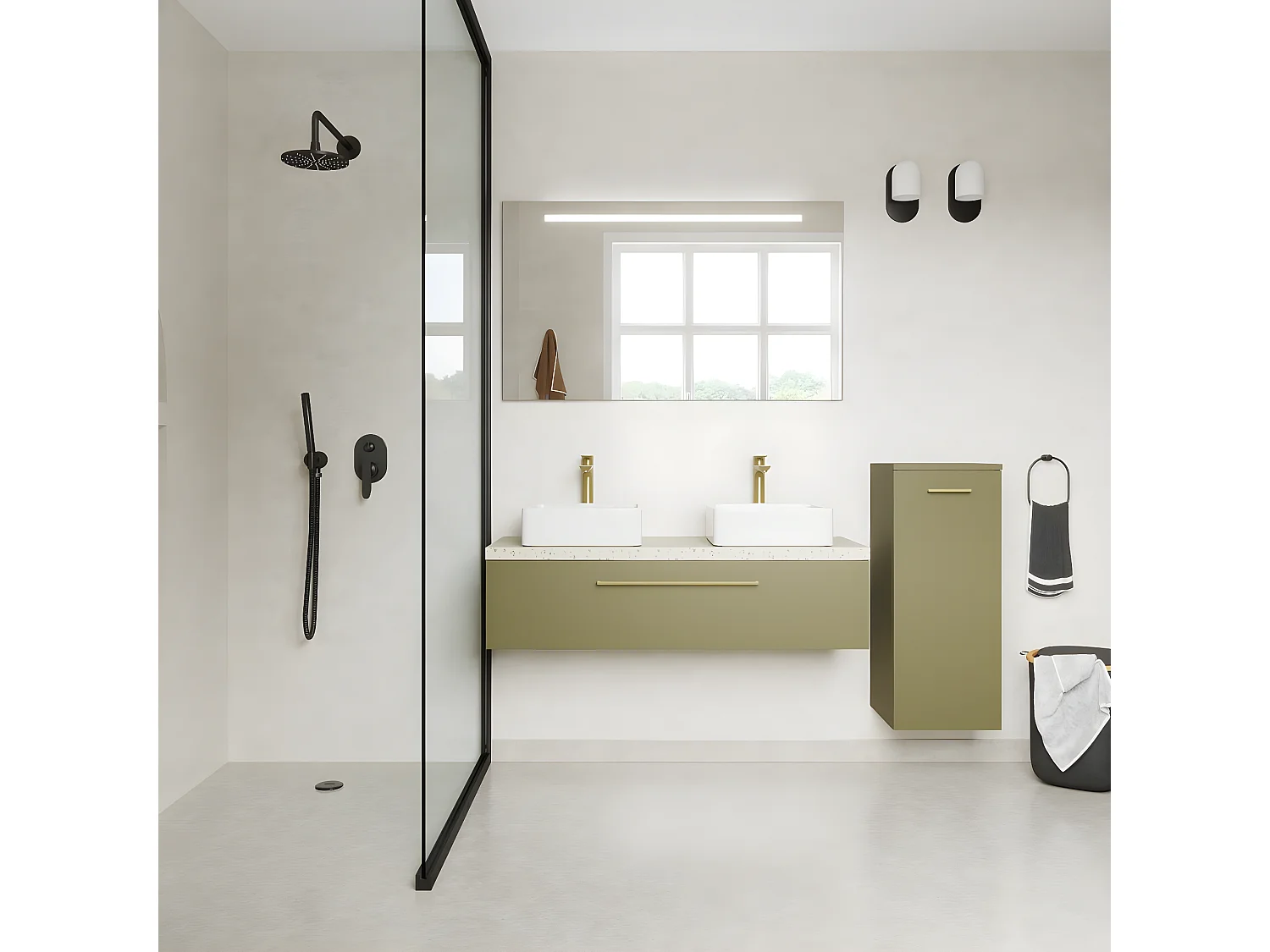 Meuble de salle de bain suspendu 2 vasques à poser 120cm 1 tiroir Vert olive + miroir + colonne ouverture droite - Glasgow