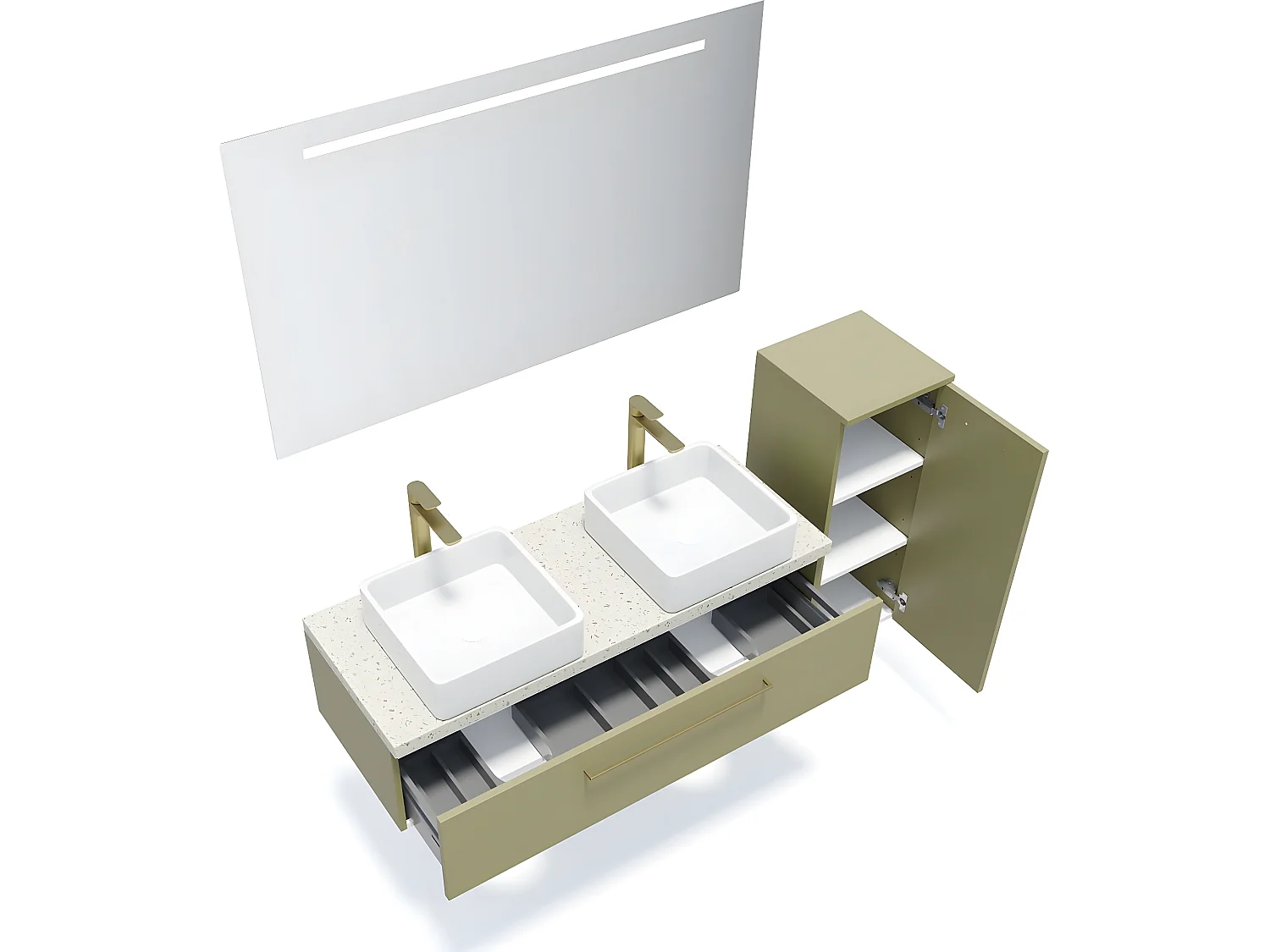 Meuble de salle de bain suspendu 2 vasques à poser 120cm 1 tiroir Vert olive + miroir + colonne ouverture droite - Glasgow