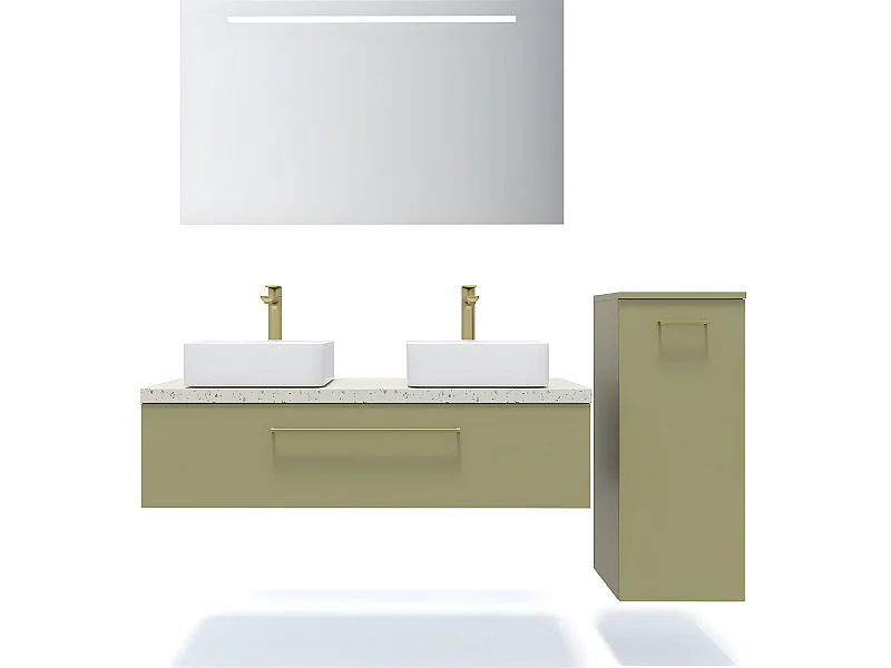 Meuble de salle de bain suspendu 2 vasques à poser 120cm 1 tiroir Vert olive + miroir + colonne ouverture droite - Glasgow