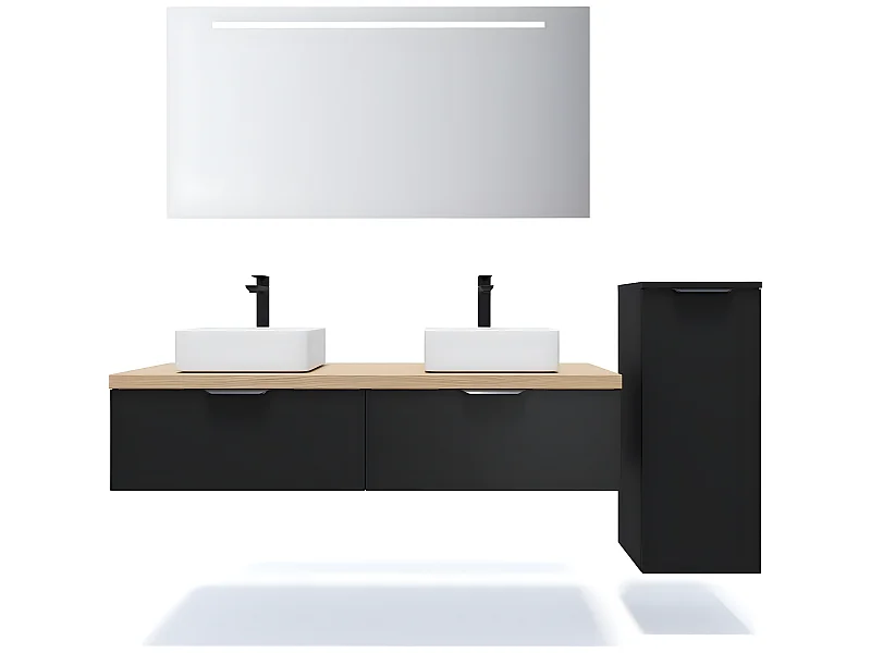 Meuble de salle de bain suspendu 2 vasques à poser 140cm 2 tiroirs Noir + miroir + colonne ouverture droite - Soho