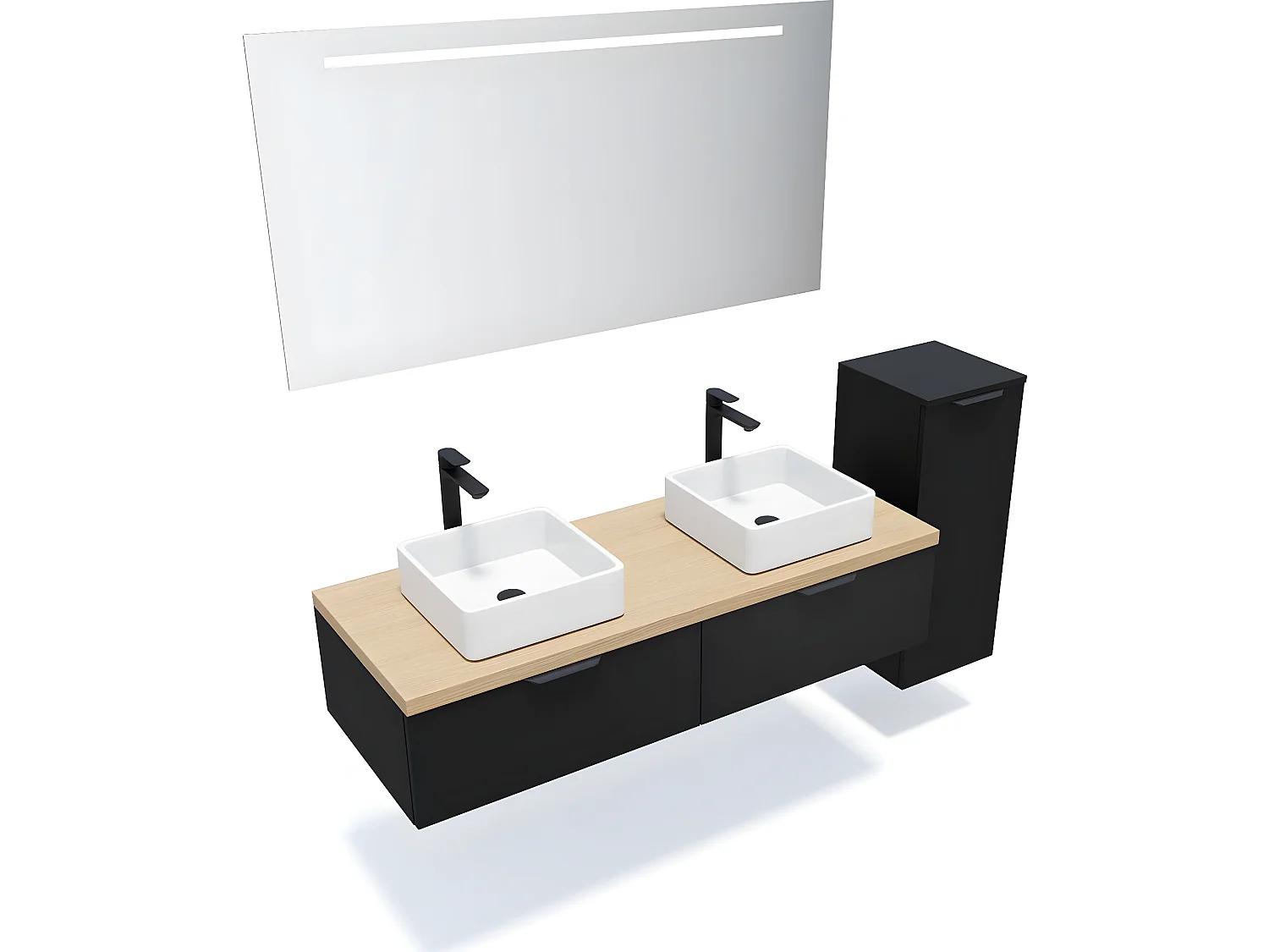 Meuble de salle de bain suspendu 2 vasques à poser 140cm 2 tiroirs Noir + miroir + colonne ouverture droite - Soho