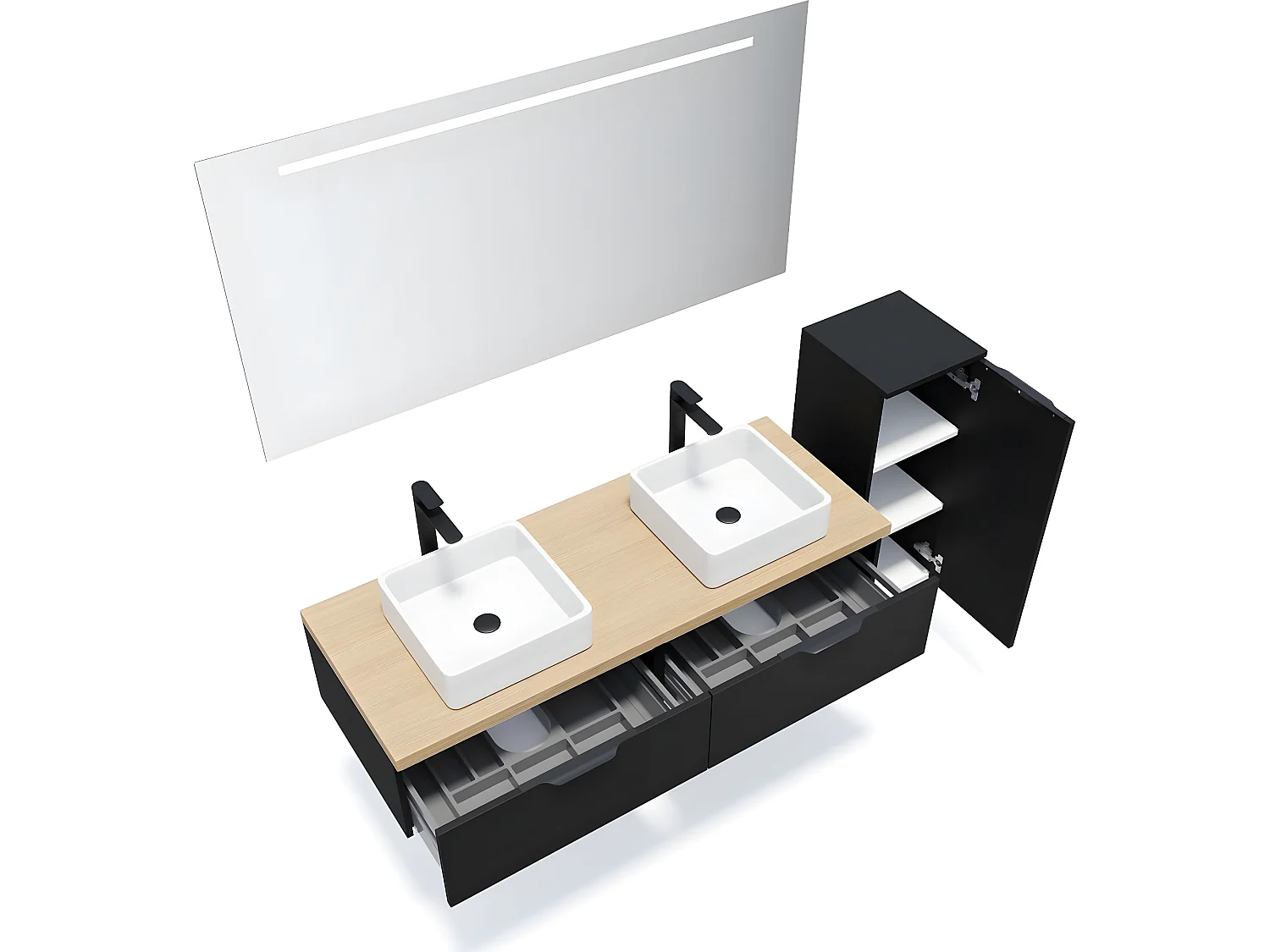 Meuble de salle de bain suspendu 2 vasques à poser 140cm 2 tiroirs Noir + miroir + colonne ouverture droite - Soho