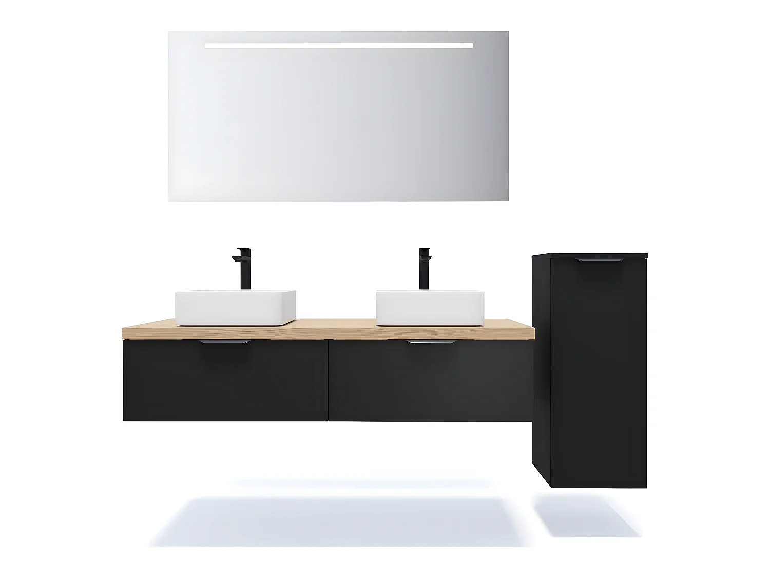 Meuble de salle de bain suspendu 2 vasques à poser 140cm 2 tiroirs Noir + miroir + colonne ouverture droite - Soho