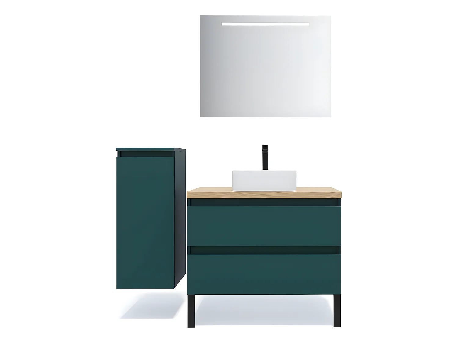 Meuble de salle de bain suspendu vasque à poser 90cm 2 tiroirs Bleu + miroir + colonne ouverture gauche - Hudson