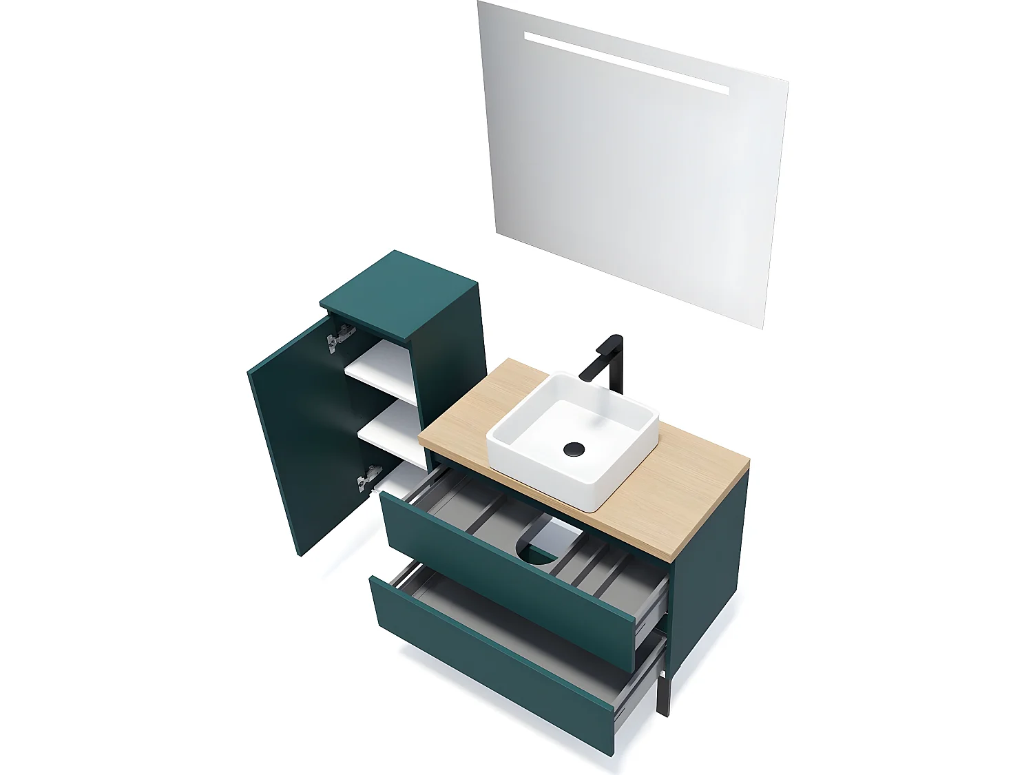 Meuble de salle de bain suspendu vasque à poser 90cm 2 tiroirs Bleu + miroir + colonne ouverture gauche - Hudson