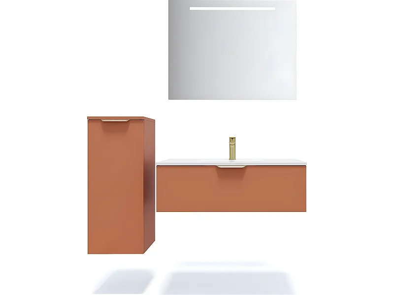 Meuble de salle de bain suspendu vasque intégrée 90cm 1 tiroir Terracotta + miroir + colonne ouverture gauche - Venice