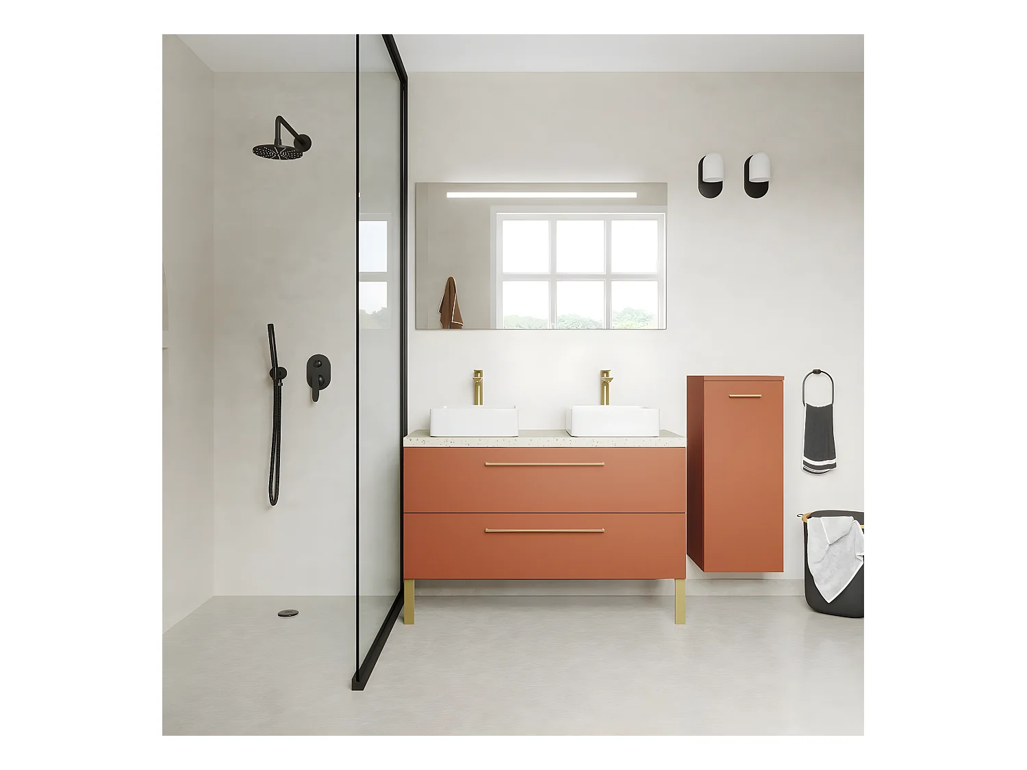 Meuble de salle de bain suspendu 2 vasques à poser 120cm 2 tiroirs Terracotta + miroir + colonne ouverture droite - Glasgow