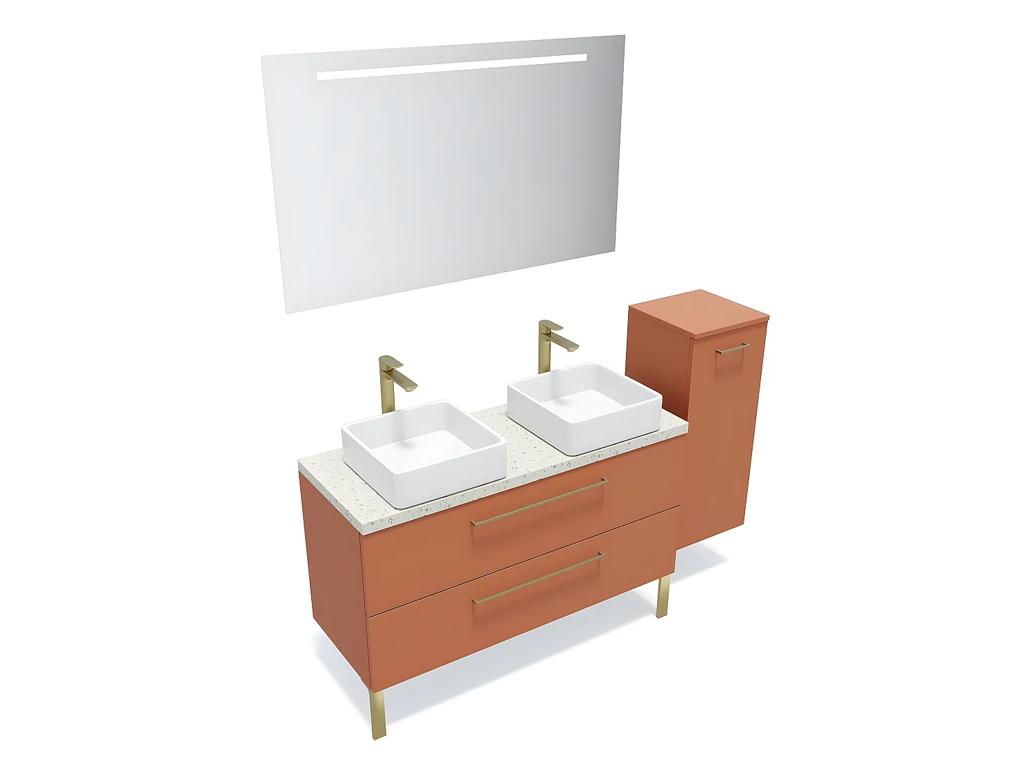 Meuble de salle de bain suspendu 2 vasques à poser 120cm 2 tiroirs Terracotta + miroir + colonne ouverture droite - Glasgow