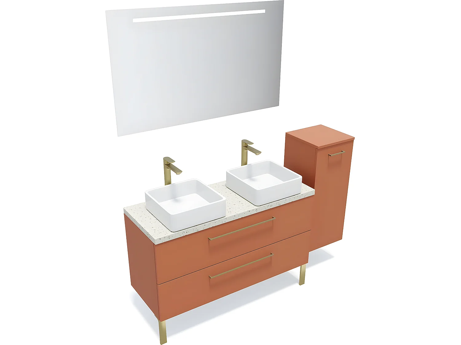 Meuble de salle de bain suspendu 2 vasques à poser 120cm 2 tiroirs Terracotta + miroir + colonne ouverture droite - Glasgow