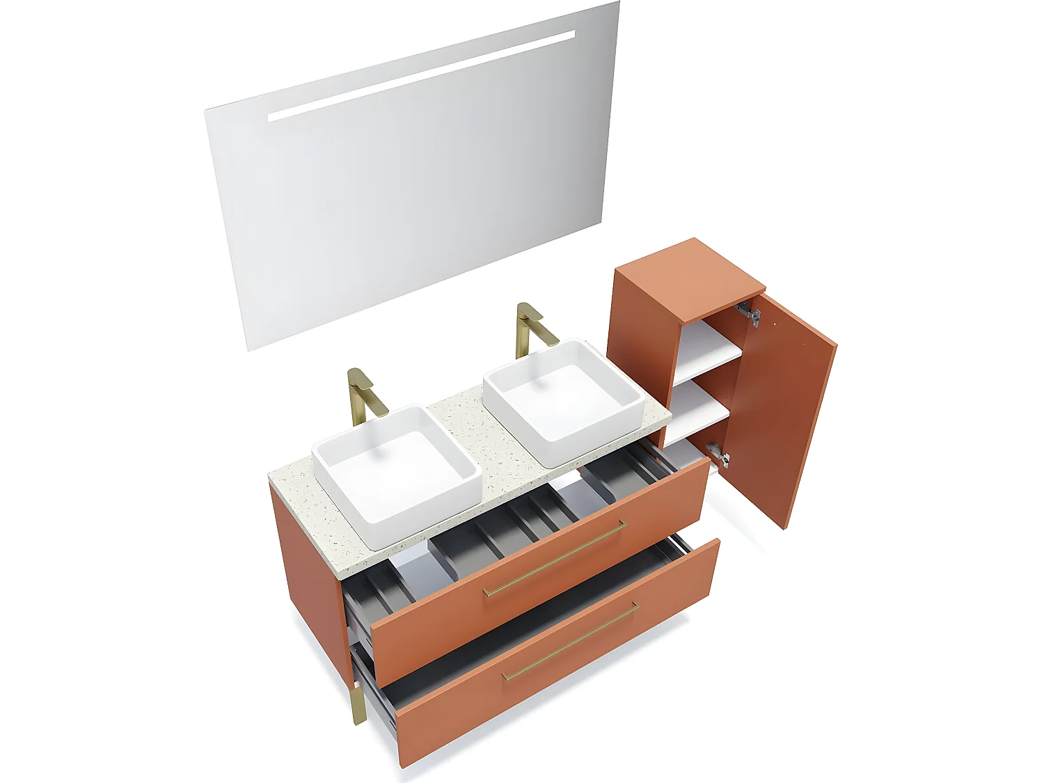 Meuble de salle de bain suspendu 2 vasques à poser 120cm 2 tiroirs Terracotta + miroir + colonne ouverture droite - Glasgow