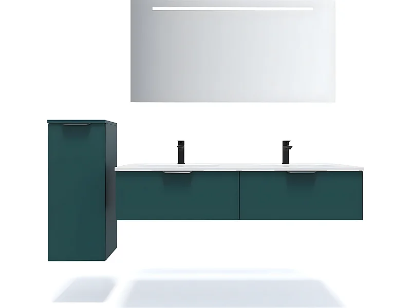 Meuble de salle de bain suspendu double vasque intégrée 140cm 2 tiroirs Bleu + miroir + colonne ouverture gauche - Soho