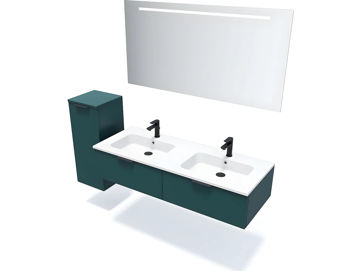 Meuble de salle de bain suspendu double vasque intégrée 140cm 2 tiroirs Bleu + miroir + colonne ouverture gauche - Soho