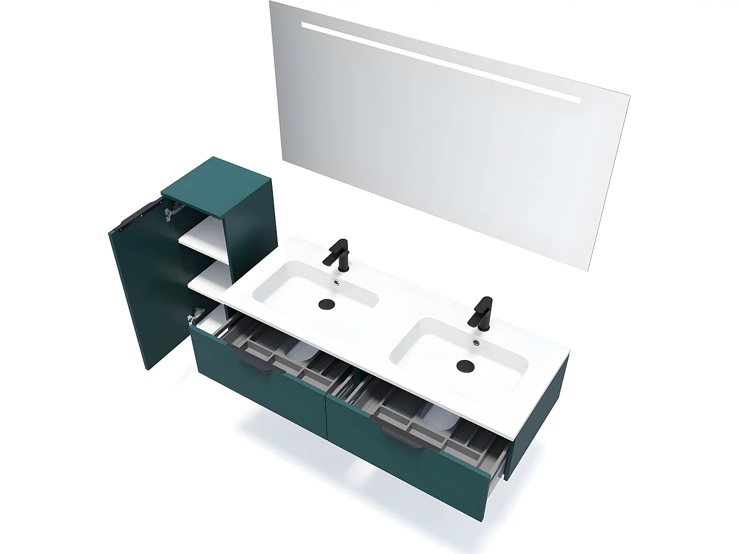 Meuble de salle de bain suspendu double vasque intégrée 140cm 2 tiroirs Bleu + miroir + colonne ouverture gauche - Soho