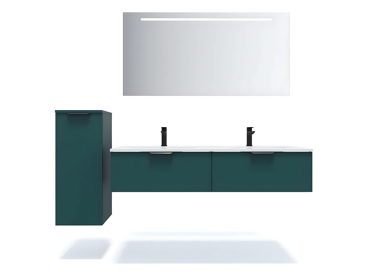 Meuble de salle de bain suspendu double vasque intégrée 140cm 2 tiroirs Bleu + miroir + colonne ouverture gauche - Soho