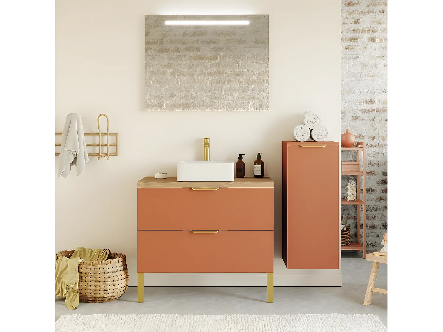 Meuble de salle de bain suspendu vasque à poser 90cm 2 tiroirs Terracotta + miroir + colonne ouverture droite - Venice