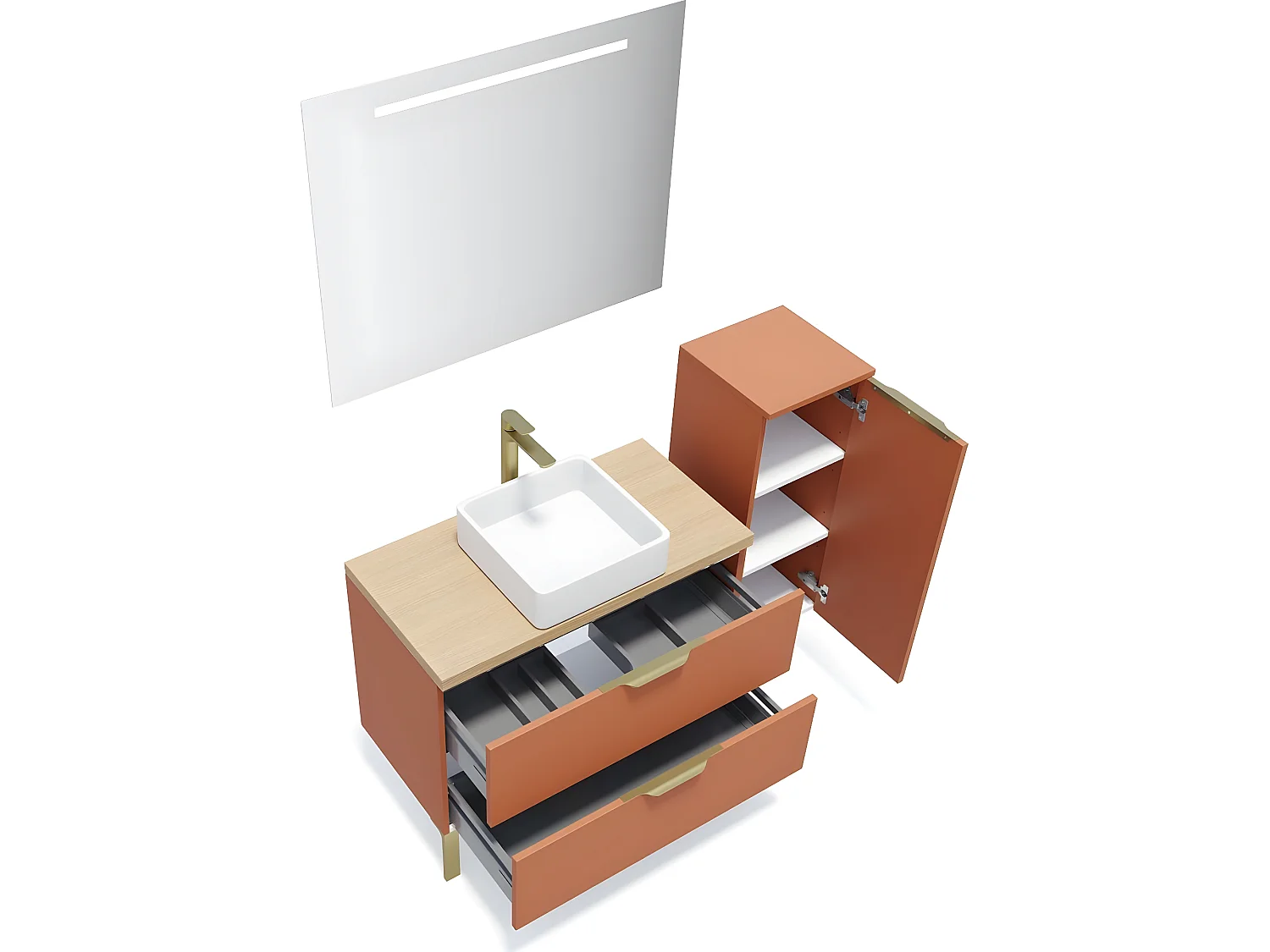 Meuble de salle de bain suspendu vasque à poser 90cm 2 tiroirs Terracotta + miroir + colonne ouverture droite - Venice