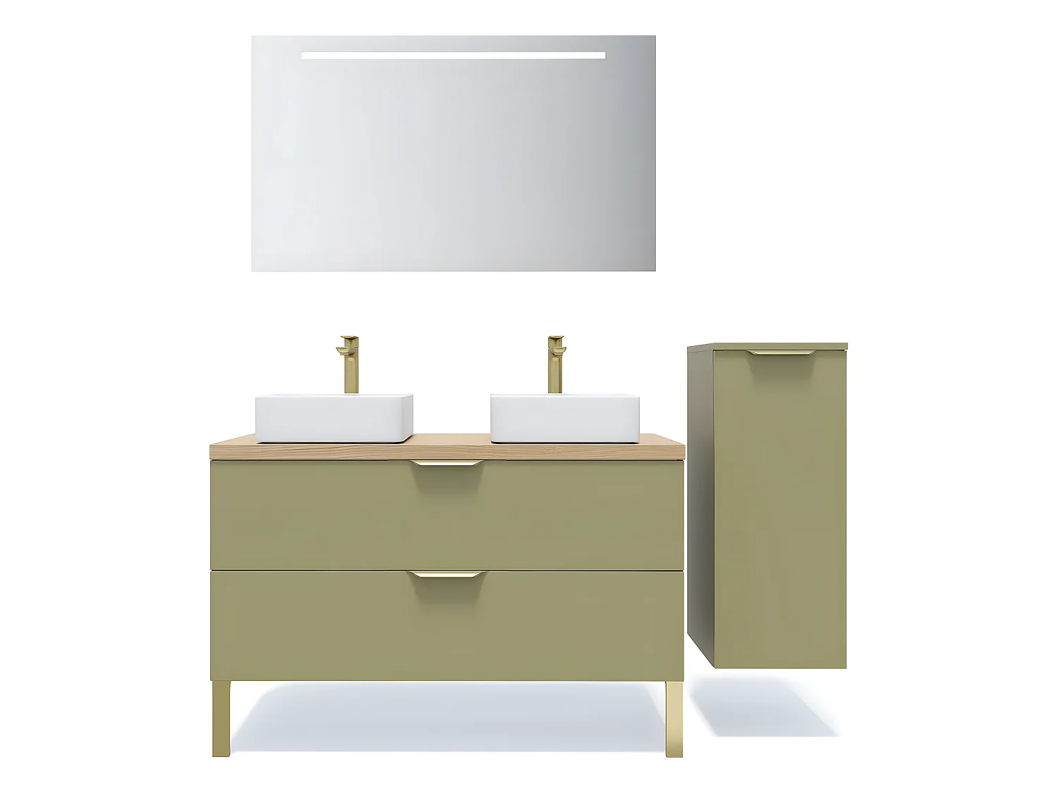 Meuble de salle de bain suspendu 2 vasques à poser 120cm 2 tiroirs Vert olive + miroir + colonne ouverture droite - Venice