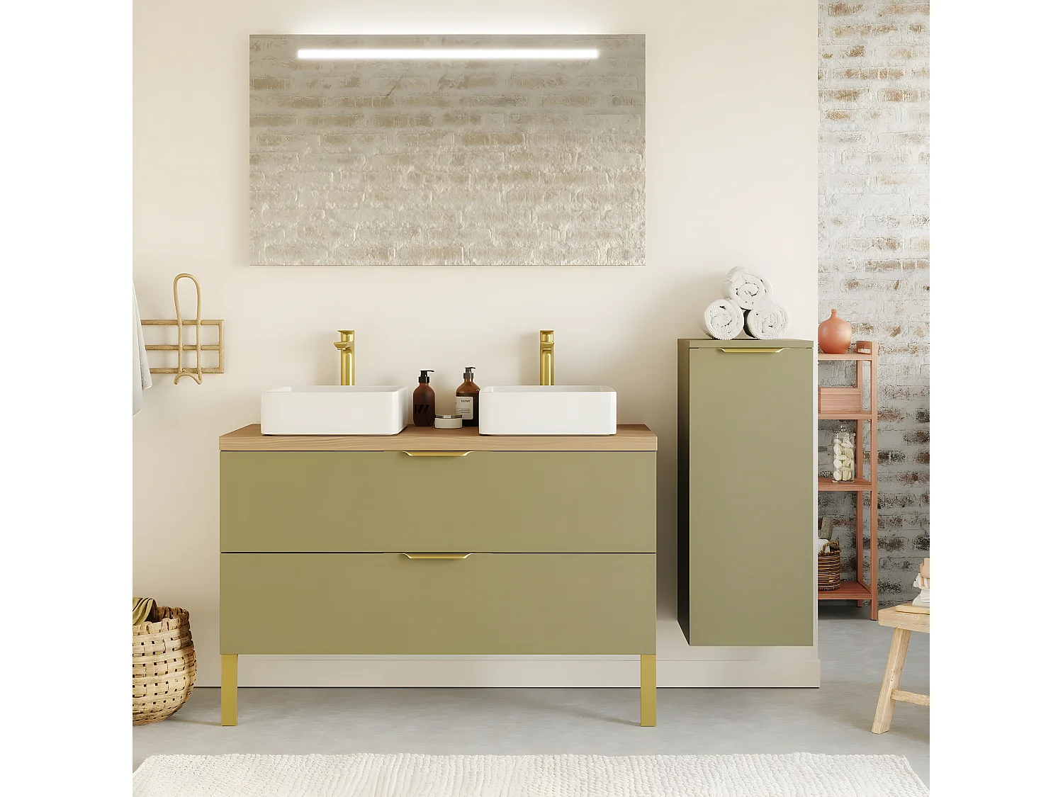 Meuble de salle de bain suspendu 2 vasques à poser 120cm 2 tiroirs Vert olive + miroir + colonne ouverture droite - Venice