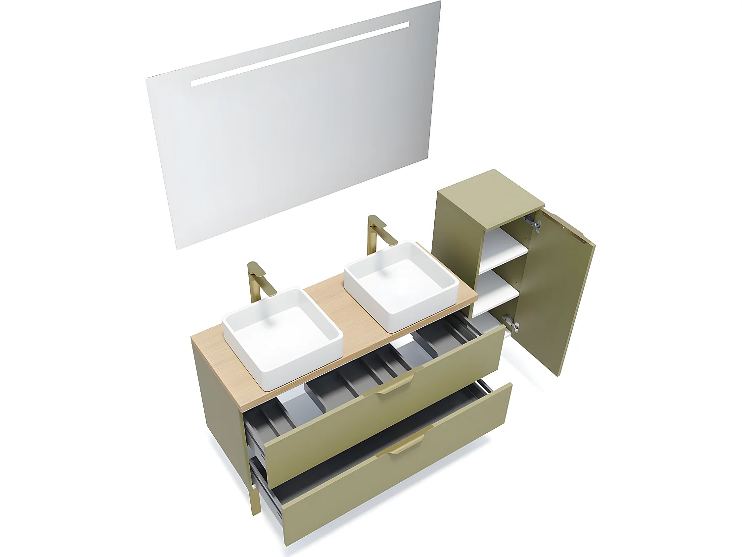 Meuble de salle de bain suspendu 2 vasques à poser 120cm 2 tiroirs Vert olive + miroir + colonne ouverture droite - Venice
