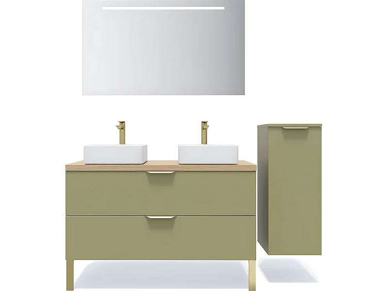 Meuble de salle de bain suspendu 2 vasques à poser 120cm 2 tiroirs Vert olive + miroir + colonne ouverture droite - Venice