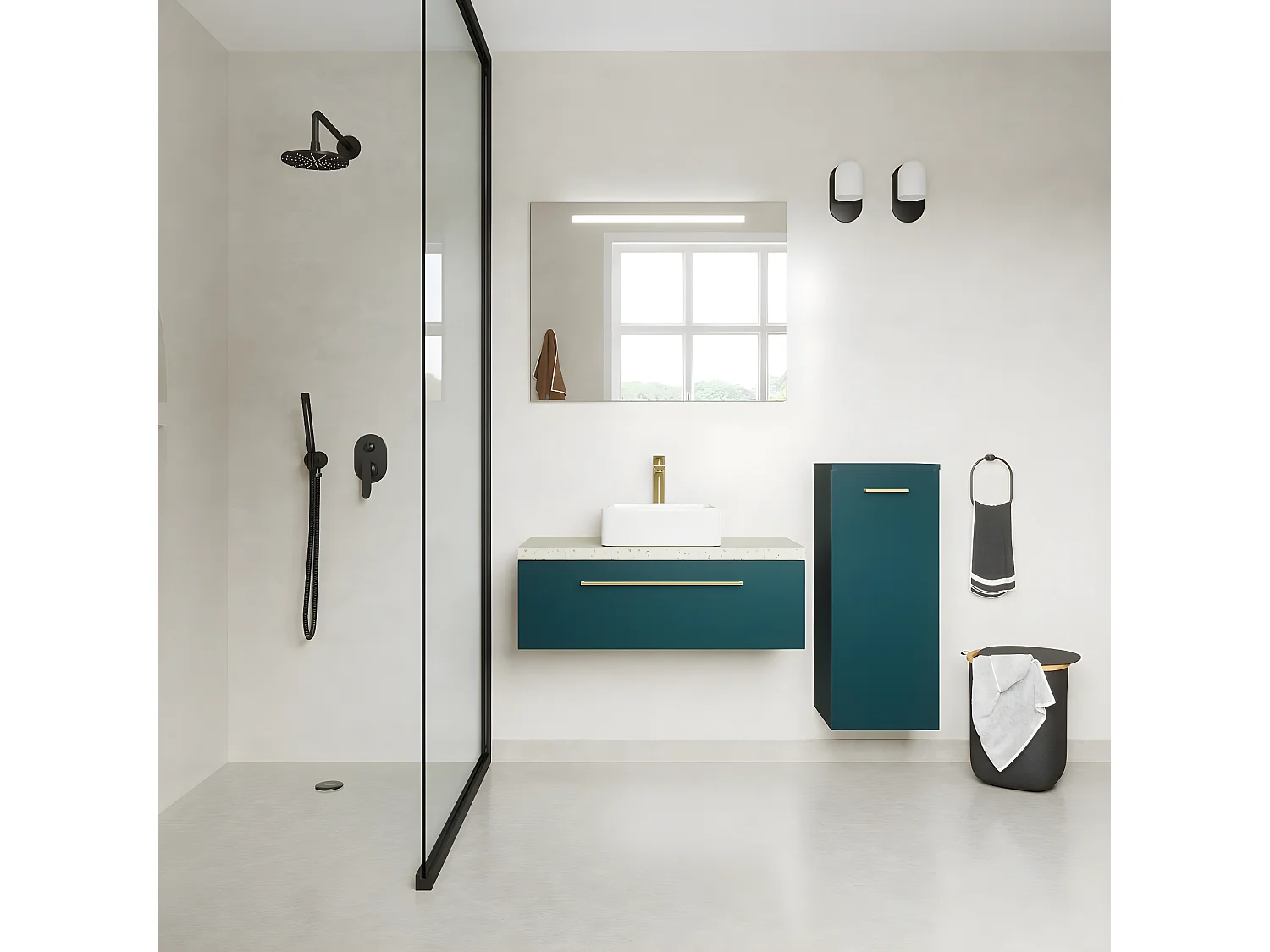 Meuble de salle de bain suspendu vasque à poser 90cm 1 tiroir Bleu + miroir + colonne ouverture droite - Glasgow