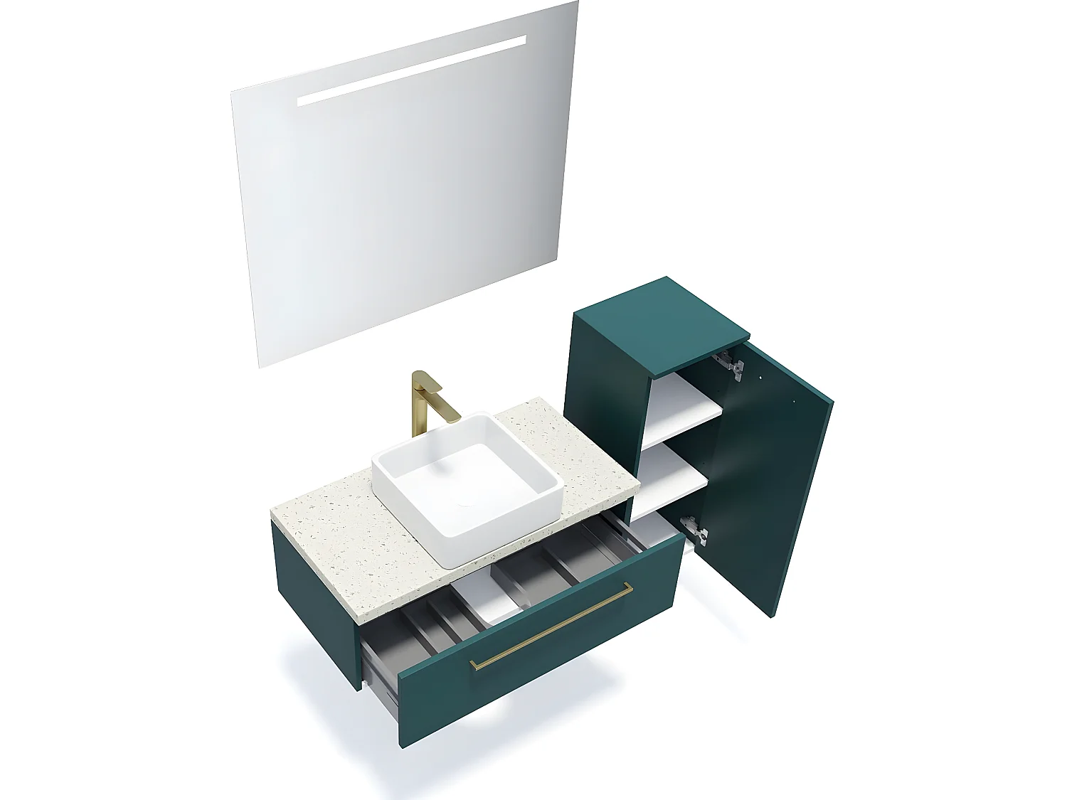 Meuble de salle de bain suspendu vasque à poser 90cm 1 tiroir Bleu + miroir + colonne ouverture droite - Glasgow