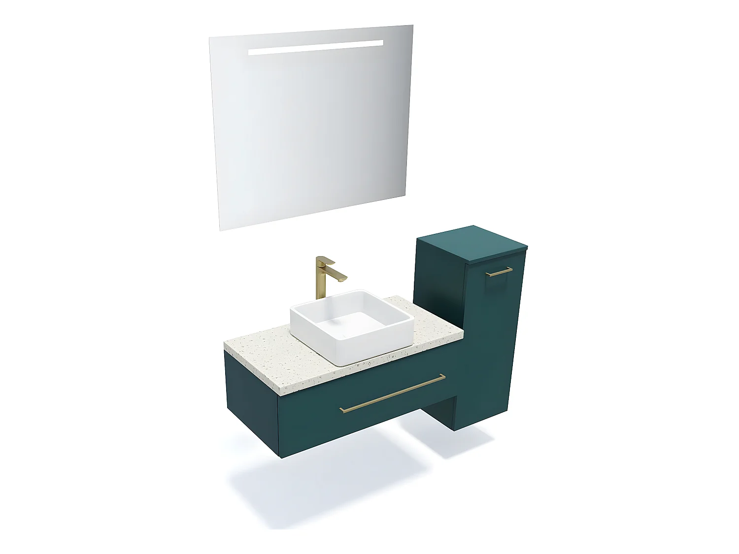 Meuble de salle de bain suspendu vasque à poser 90cm 1 tiroir Bleu + miroir + colonne ouverture droite - Glasgow