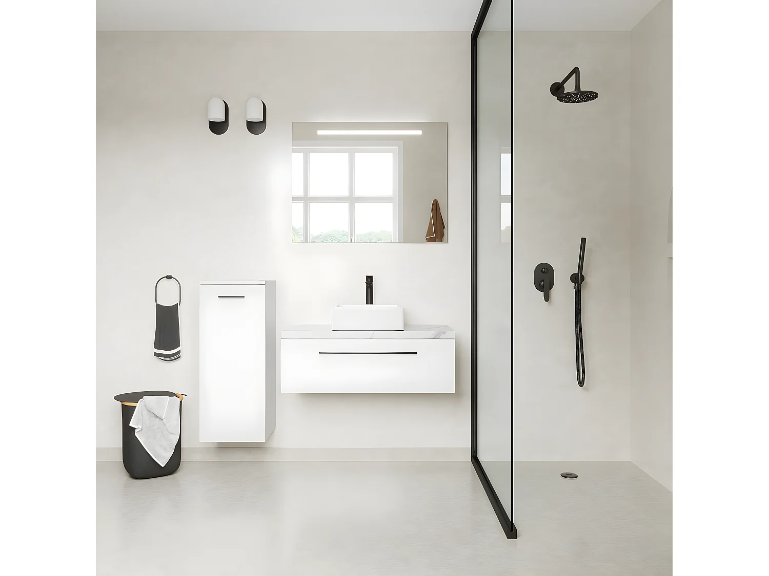 Meuble de salle de bain suspendu vasque à poser 90cm 1 tiroir Blanc + miroir + colonne ouverture gauche - Glasgow