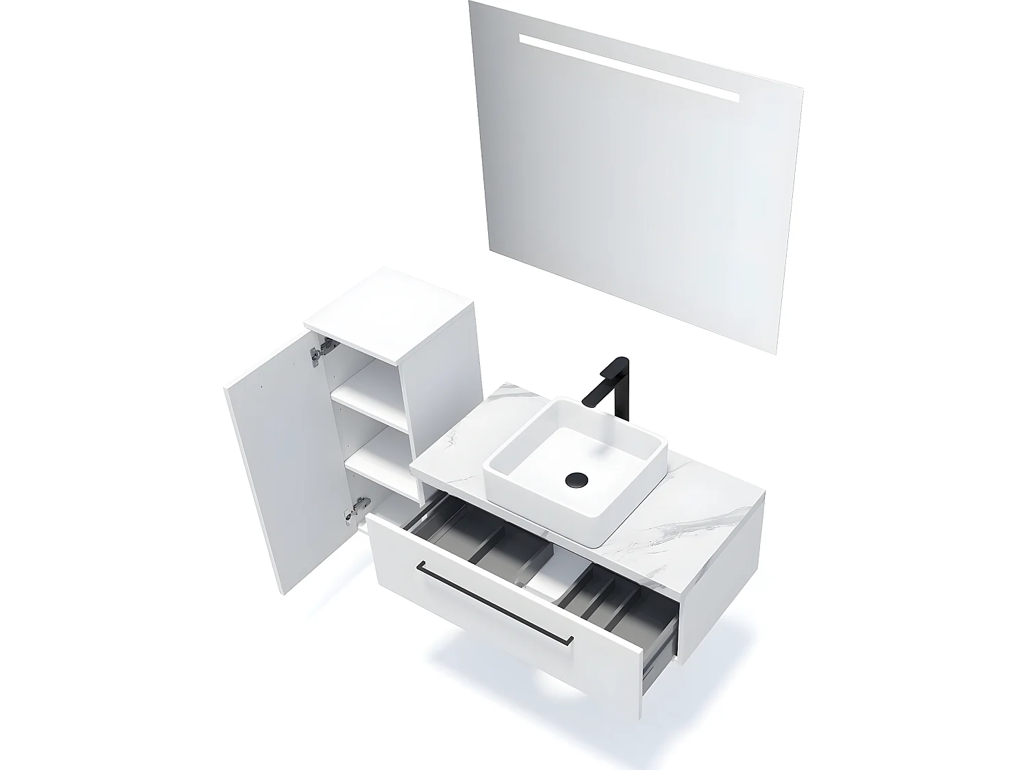 Meuble de salle de bain suspendu vasque à poser 90cm 1 tiroir Blanc + miroir + colonne ouverture gauche - Glasgow