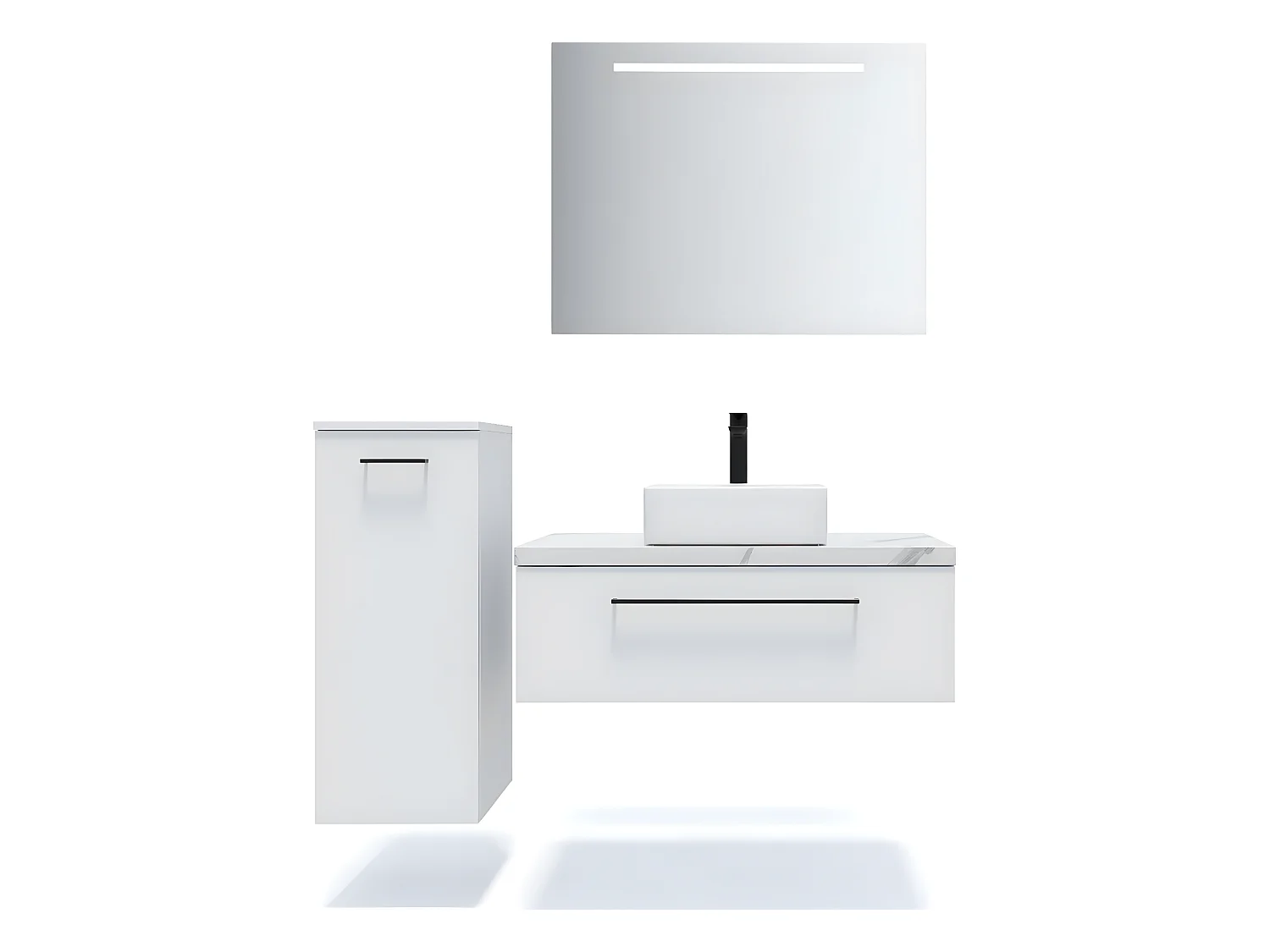 Meuble de salle de bain suspendu vasque à poser 90cm 1 tiroir Blanc + miroir + colonne ouverture gauche - Glasgow
