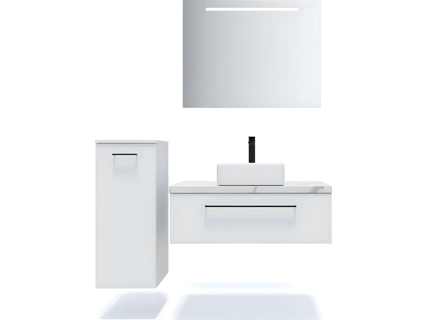 Meuble de salle de bain suspendu vasque à poser 90cm 1 tiroir Blanc + miroir + colonne ouverture gauche - Glasgow