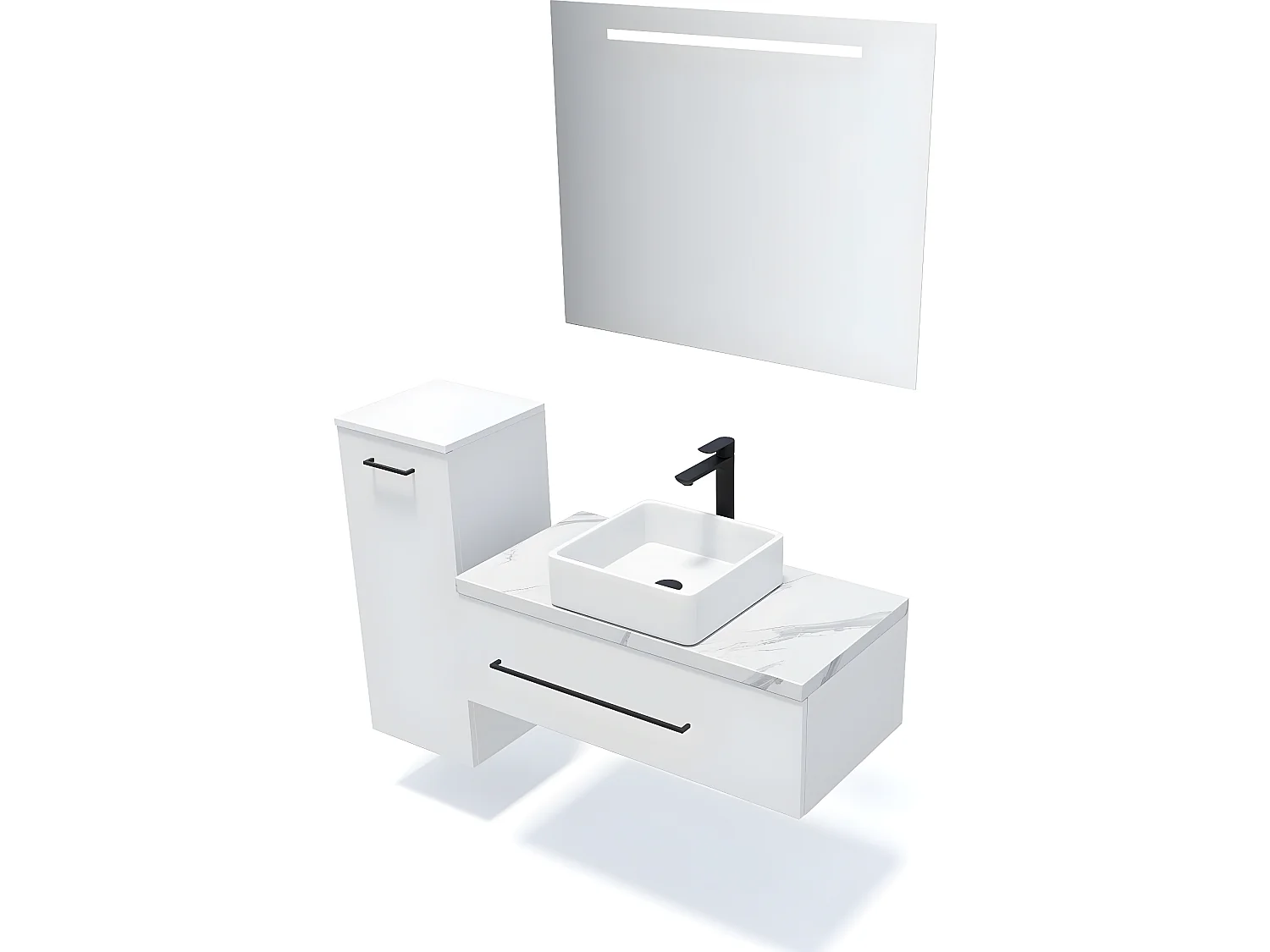 Meuble de salle de bain suspendu vasque à poser 90cm 1 tiroir Blanc + miroir + colonne ouverture gauche - Glasgow