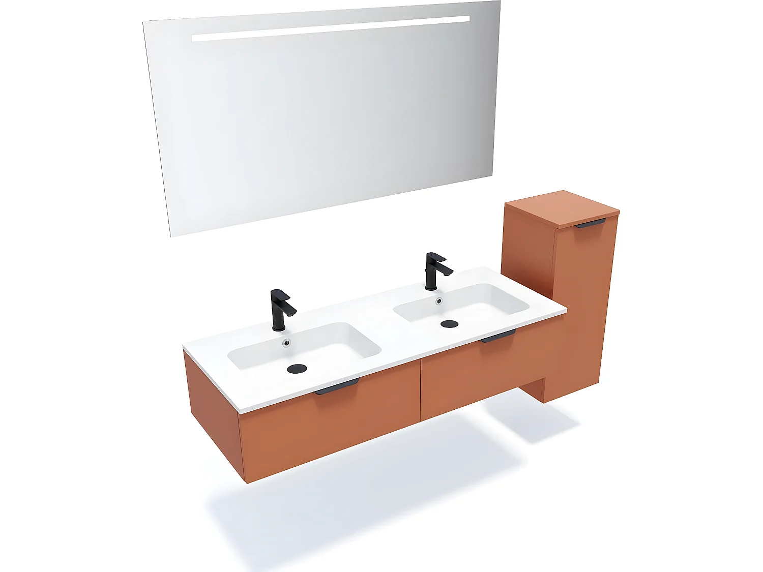 Meuble de salle de bain suspendu double vasque intégrée 140cm 2 tiroirs Terracotta + miroir + colonne ouverture droite - Soho