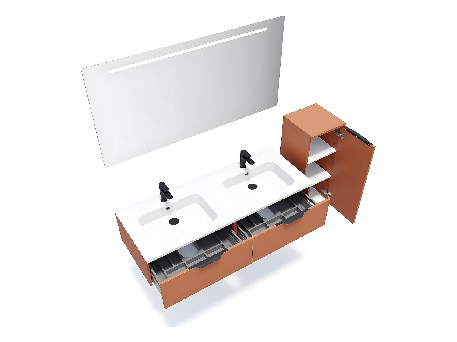 Meuble de salle de bain suspendu double vasque intégrée 140cm 2 tiroirs Terracotta + miroir + colonne ouverture droite - Soho