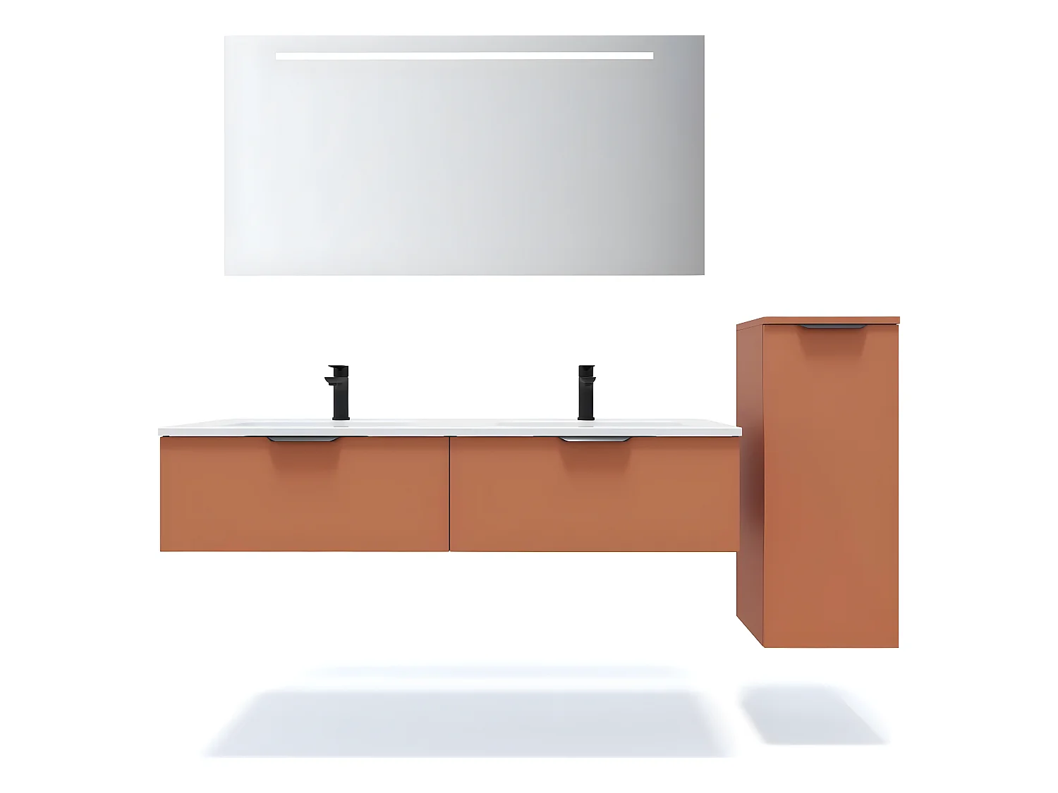 Meuble de salle de bain suspendu double vasque intégrée 140cm 2 tiroirs Terracotta + miroir + colonne ouverture droite - Soho