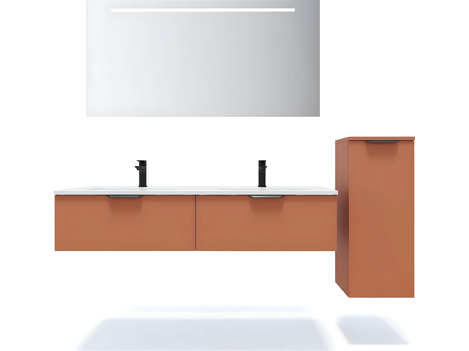 Meuble de salle de bain suspendu double vasque intégrée 140cm 2 tiroirs Terracotta + miroir + colonne ouverture droite - Soho