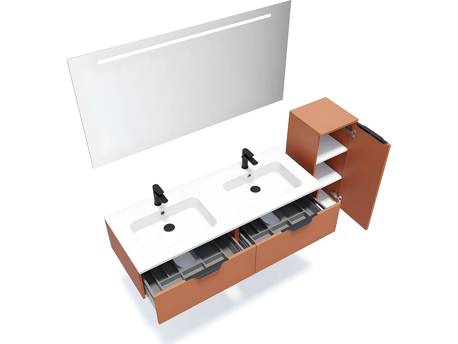 Meuble de salle de bain suspendu double vasque intégrée 140cm 2 tiroirs Terracotta + miroir + colonne ouverture droite - Soho