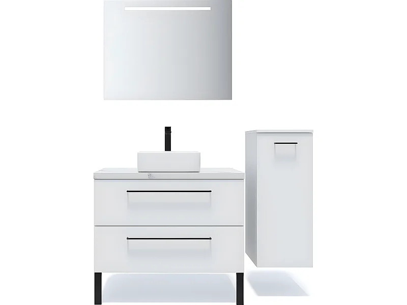 Meuble de salle de bain suspendu vasque à poser 90cm 2 tiroirs Blanc + miroir + colonne ouverture droite - Glasgow