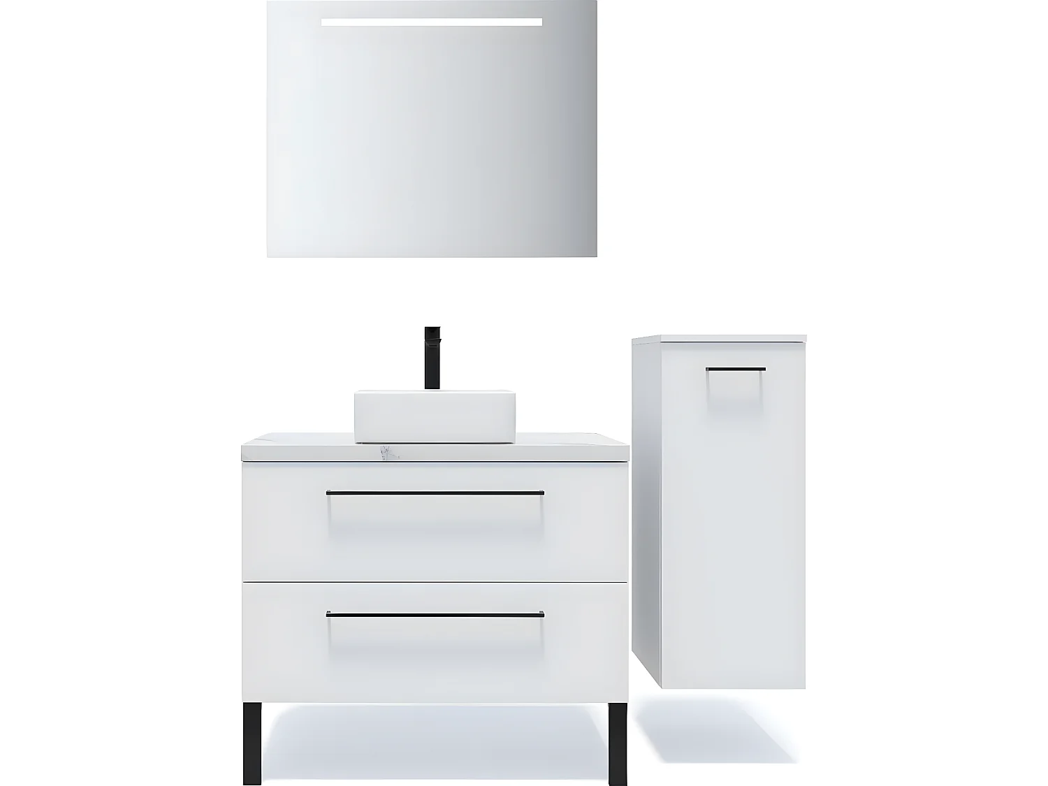 Meuble de salle de bain suspendu vasque à poser 90cm 2 tiroirs Blanc + miroir + colonne ouverture droite - Glasgow