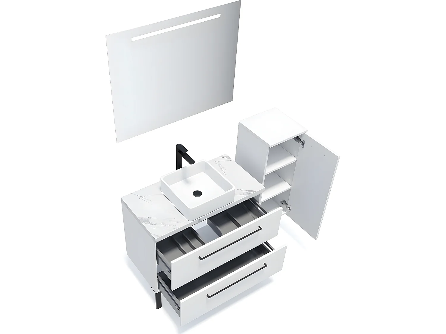 Meuble de salle de bain suspendu vasque à poser 90cm 2 tiroirs Blanc + miroir + colonne ouverture droite - Glasgow