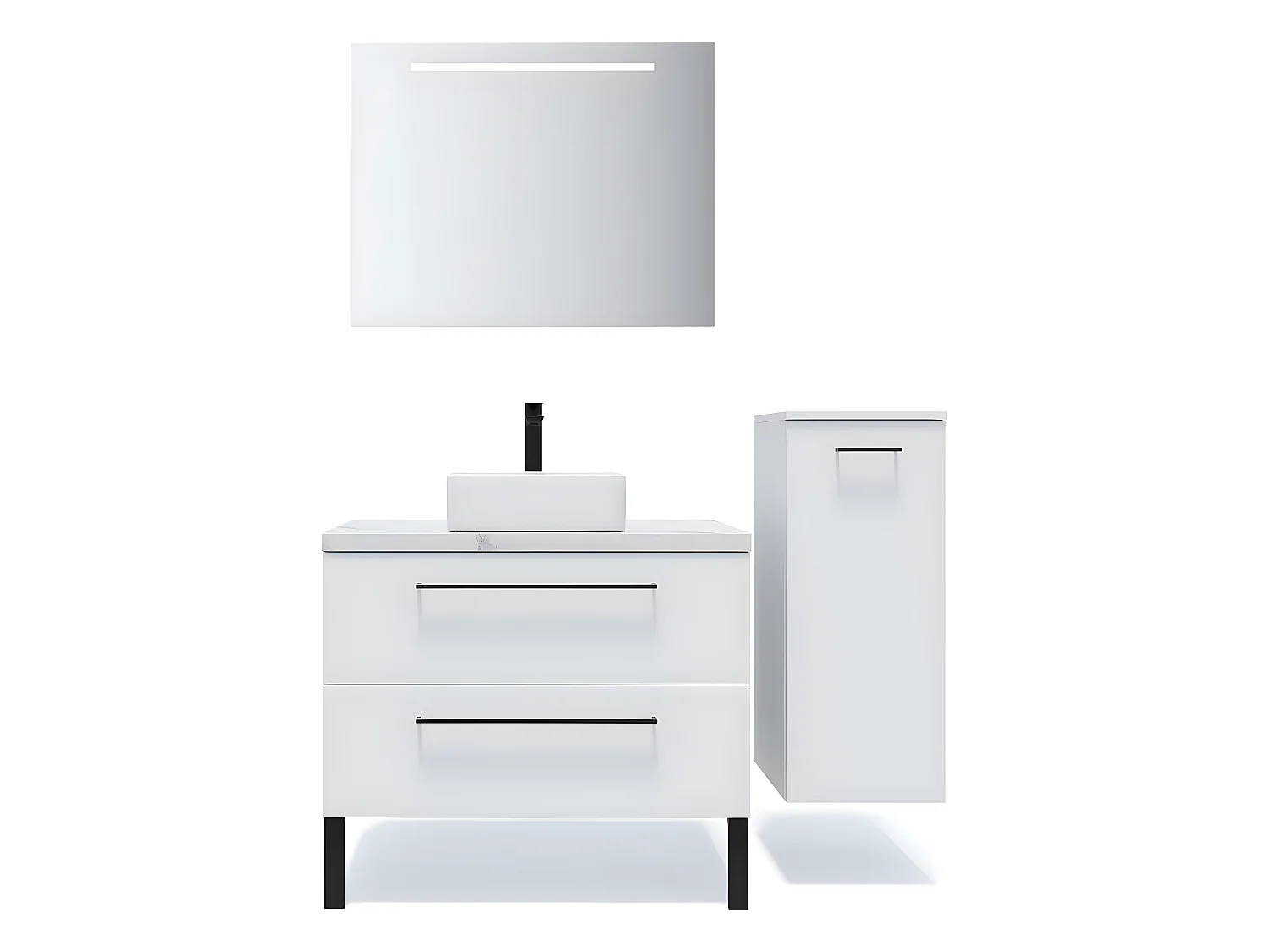 Meuble de salle de bain suspendu vasque à poser 90cm 2 tiroirs Blanc + miroir + colonne ouverture droite - Glasgow
