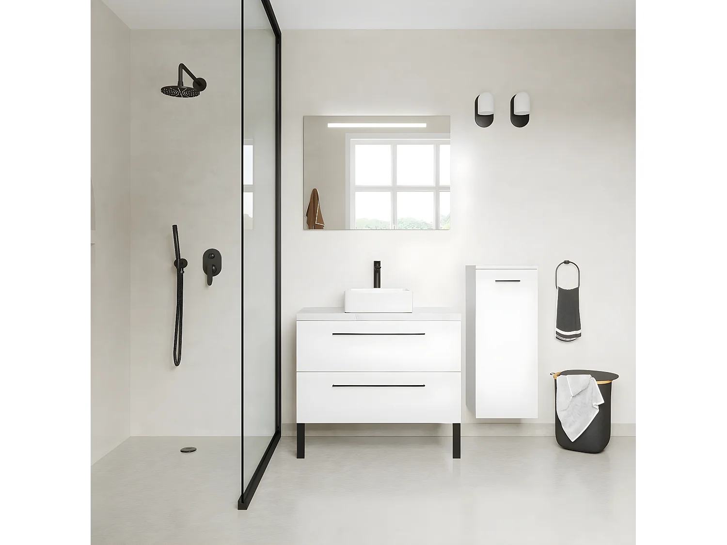 Meuble de salle de bain suspendu vasque à poser 90cm 2 tiroirs Blanc + miroir + colonne ouverture droite - Glasgow