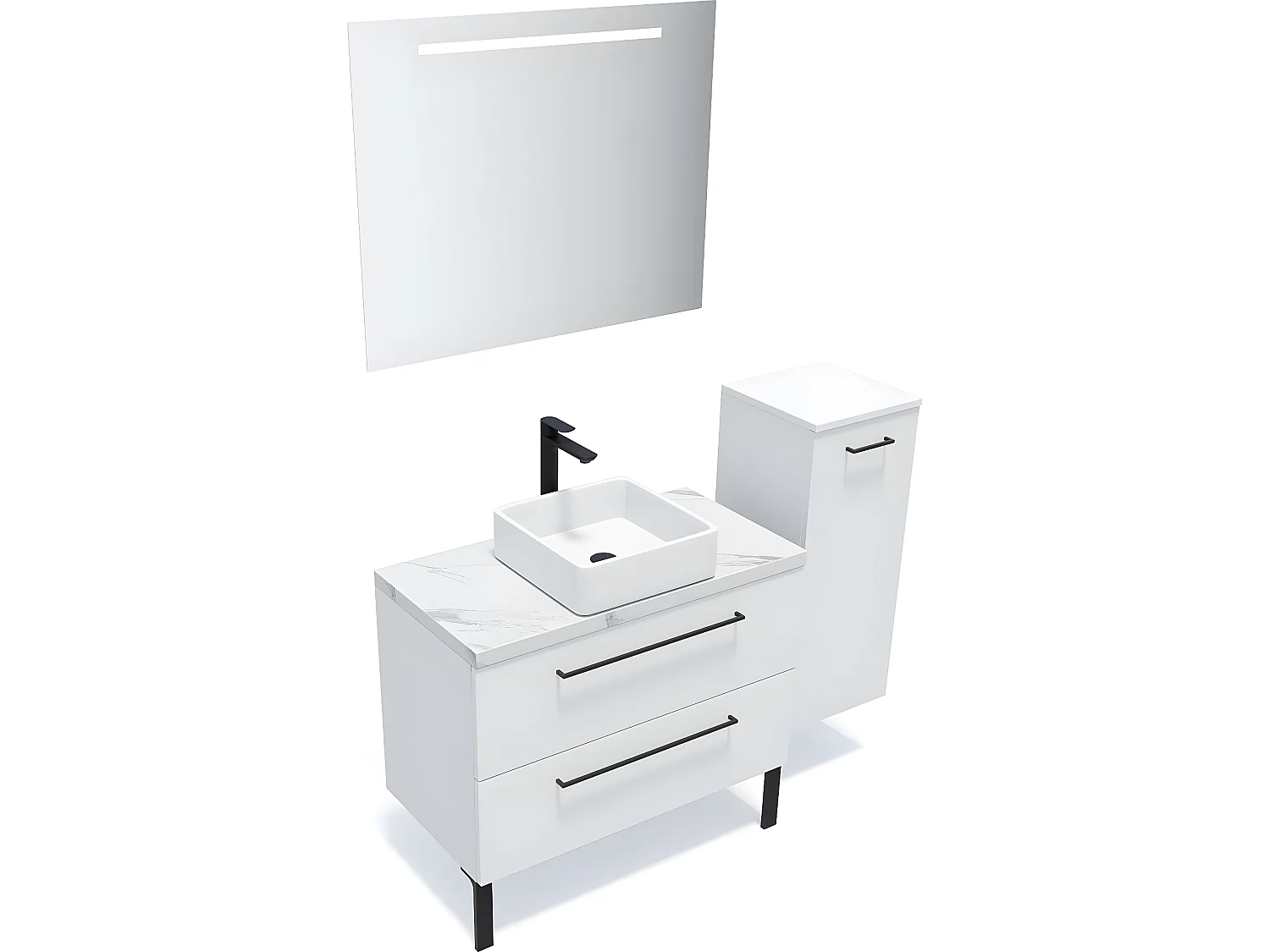 Meuble de salle de bain suspendu vasque à poser 90cm 2 tiroirs Blanc + miroir + colonne ouverture droite - Glasgow