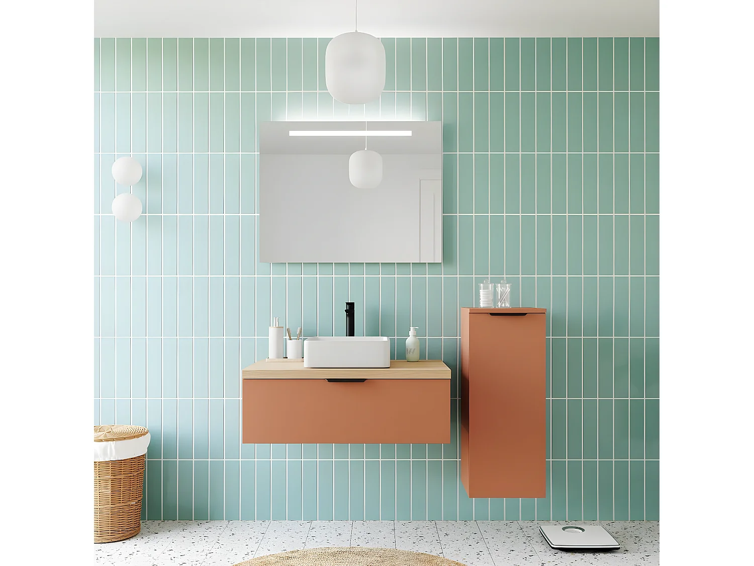 Meuble de salle de bain suspendu vasque à poser 90cm 1 tiroir Terracotta + miroir + colonne ouverture droite - Soho