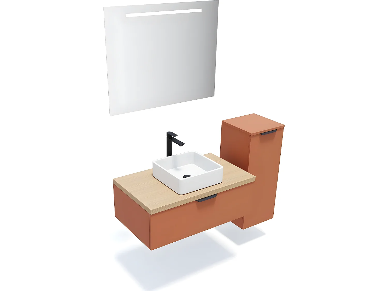 Meuble de salle de bain suspendu vasque à poser 90cm 1 tiroir Terracotta + miroir + colonne ouverture droite - Soho