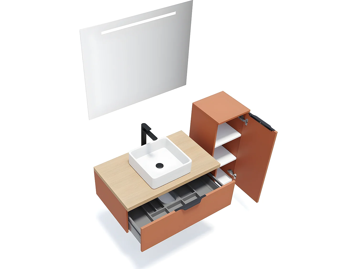 Meuble de salle de bain suspendu vasque à poser 90cm 1 tiroir Terracotta + miroir + colonne ouverture droite - Soho