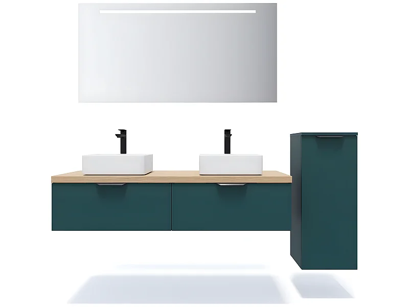 Meuble de salle de bain suspendu 2 vasques à poser 140cm 2 tiroirs Bleu + miroir + colonne ouverture droite - Soho
