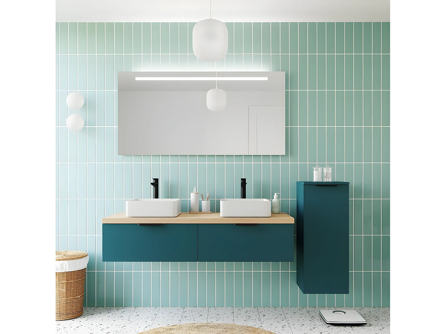 Meuble de salle de bain suspendu 2 vasques à poser 140cm 2 tiroirs Bleu + miroir + colonne ouverture droite - Soho